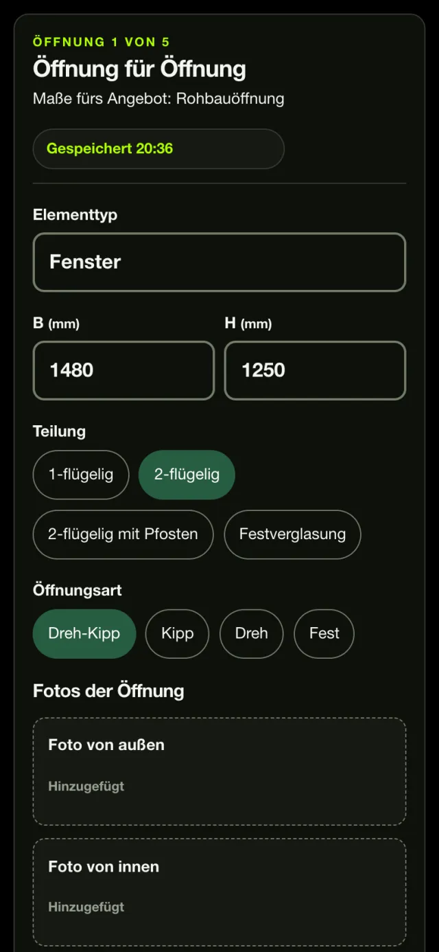 Aufmaßkarte auf dem Telefon: Öffnung 1 von 5, Fenster, Breite 1480 und Höhe 1250 mm, Teilung und Öffnungsart