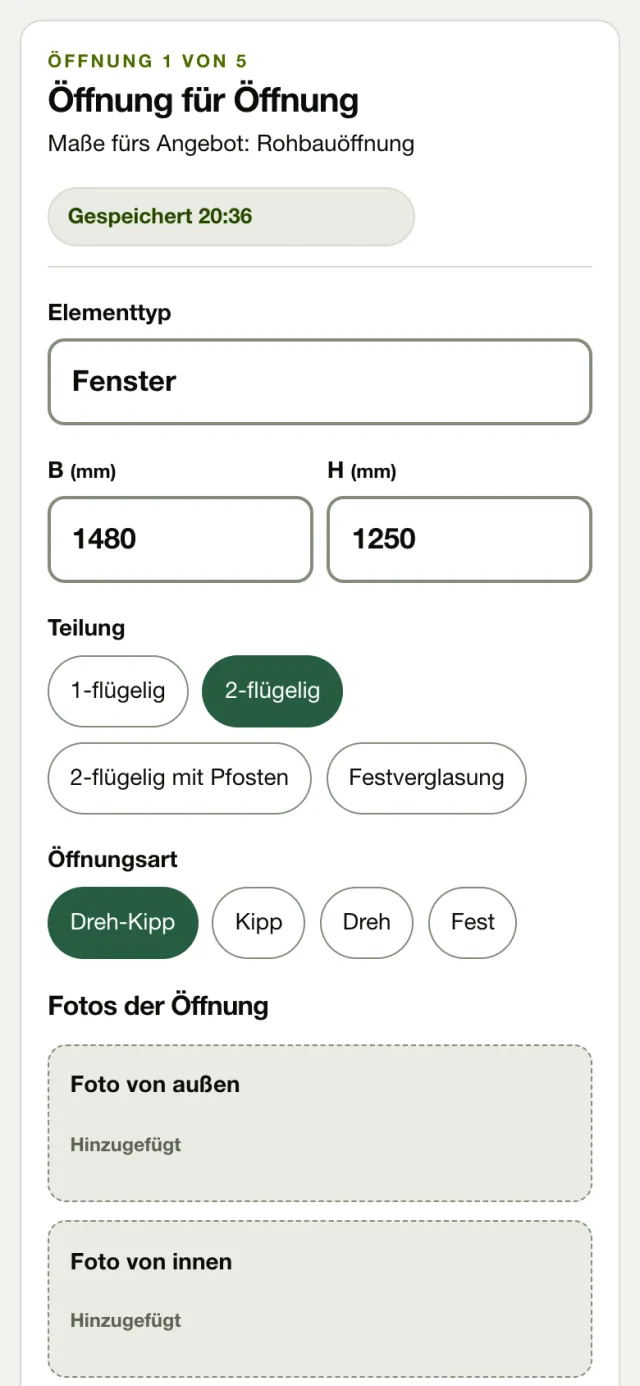 Aufmaßkarte auf dem Telefon: Öffnung 1 von 5, Fenster, Breite 1480 und Höhe 1250 mm, Teilung und Öffnungsart