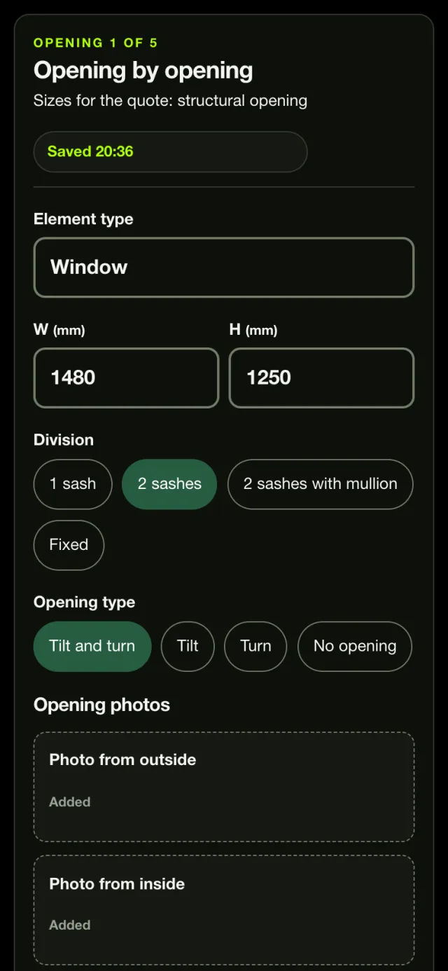 Measurement card on a phone: opening 1 of 5, window, width 1480 and height 1250 mm, division and opening type