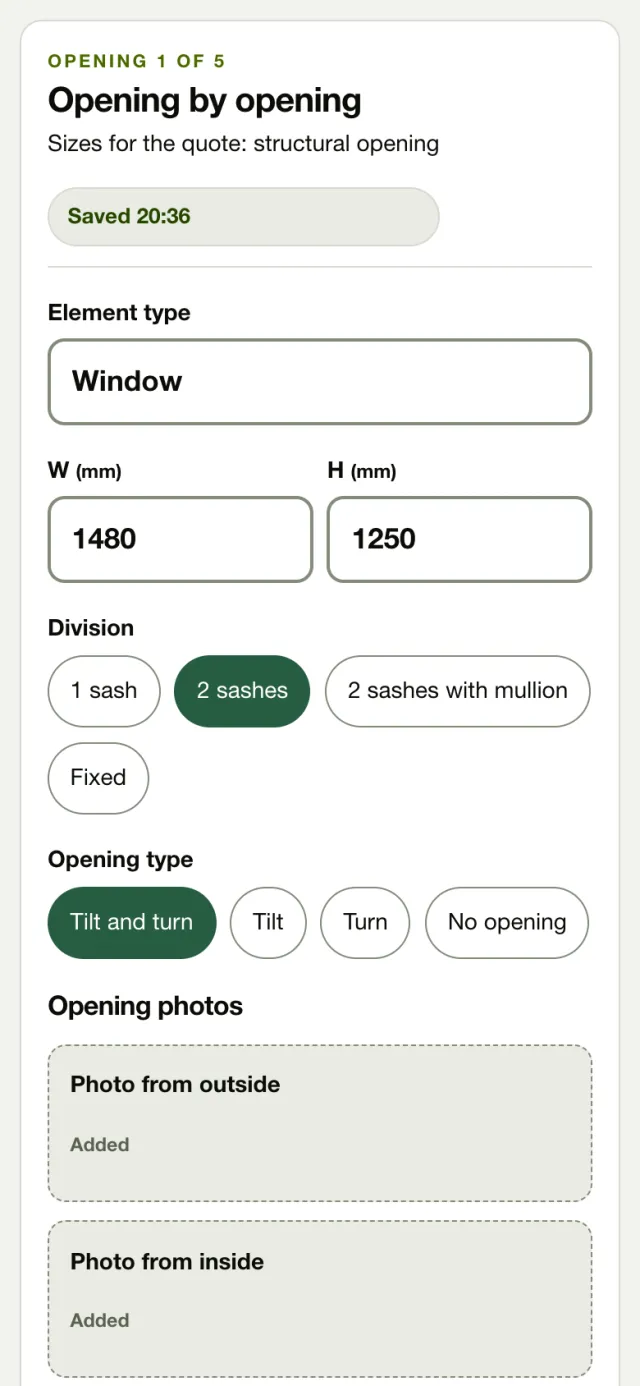 Measurement card on a phone: opening 1 of 5, window, width 1480 and height 1250 mm, division and opening type