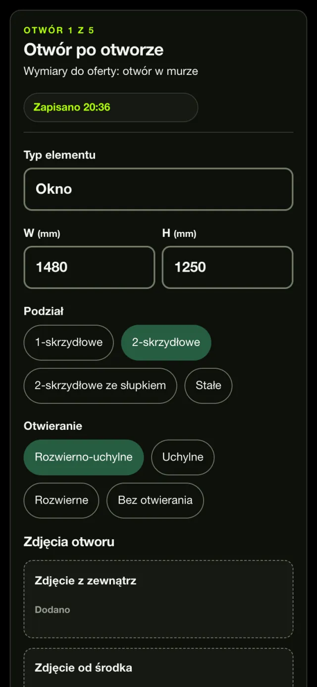 Karta pomiarowa na telefonie: otwór 1 z 5, typ okno, szerokość 1480 i wysokość 1250 mm, podział i otwieranie