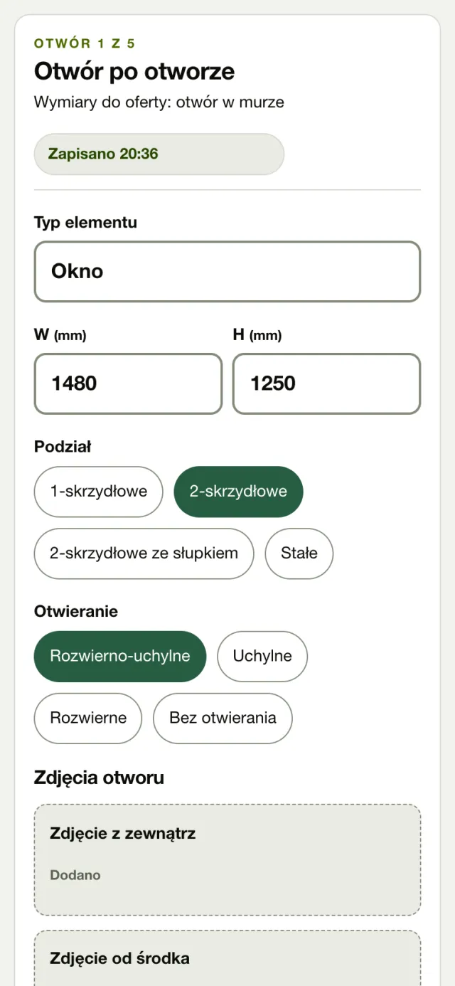 Karta pomiarowa na telefonie: otwór 1 z 5, typ okno, szerokość 1480 i wysokość 1250 mm, podział i otwieranie