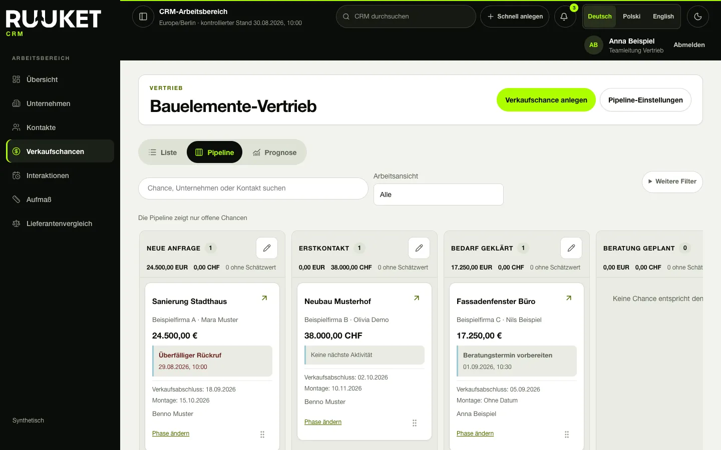 Vertriebspipeline in Ruuket mit Phasenspalten und Vorgangskarten auf Beispieldaten