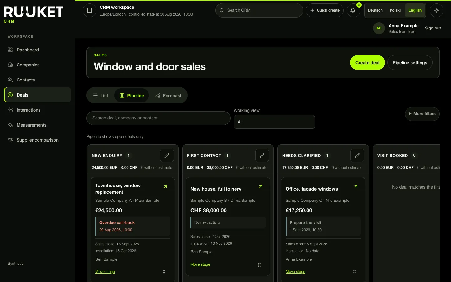 Sales pipeline in Ruuket with stage columns and job cards on example data