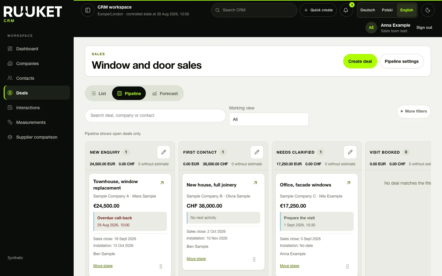 Sales pipeline in Ruuket with stage columns and job cards on example data