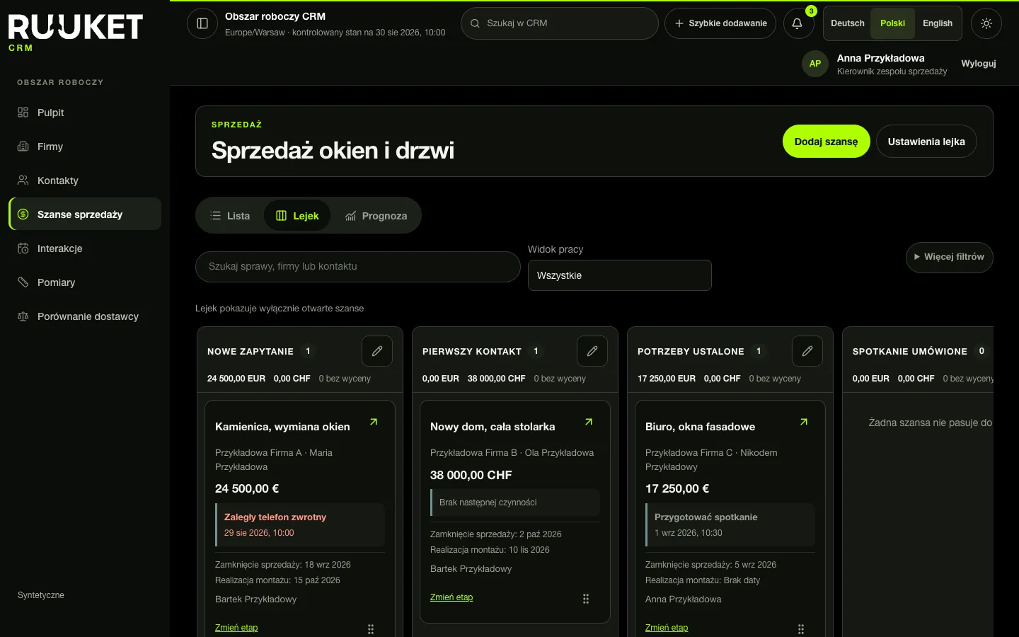 Lejek sprzedaży w Ruuket z kolumnami etapów i kartami zleceń na przykładowych danych