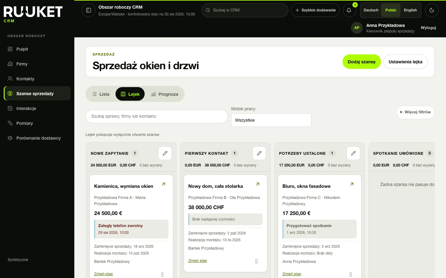 Lejek sprzedaży w Ruuket z kolumnami etapów i kartami zleceń na przykładowych danych
