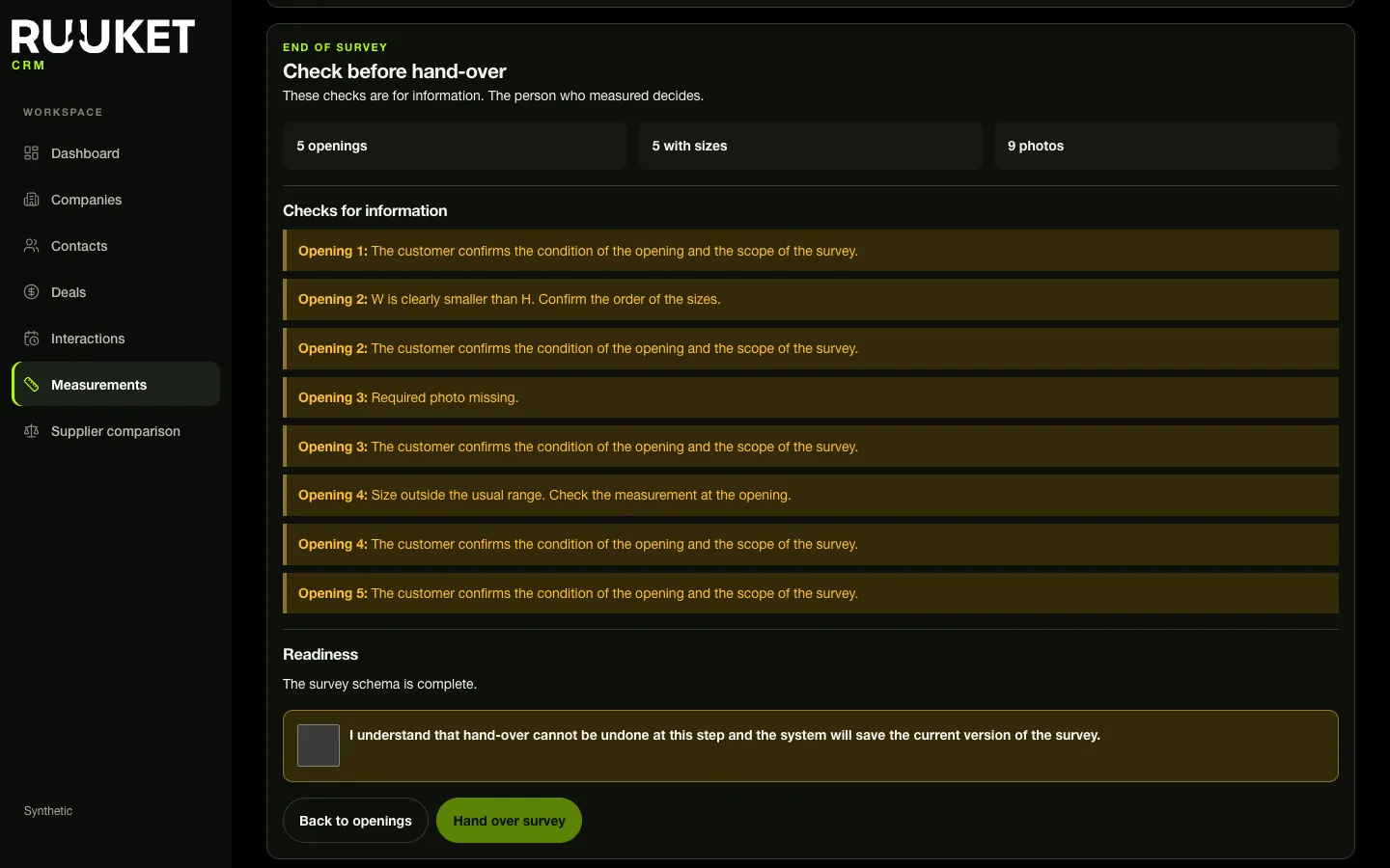 End-of-survey summary in Ruuket with checks on specific openings and a confirmation before hand-over