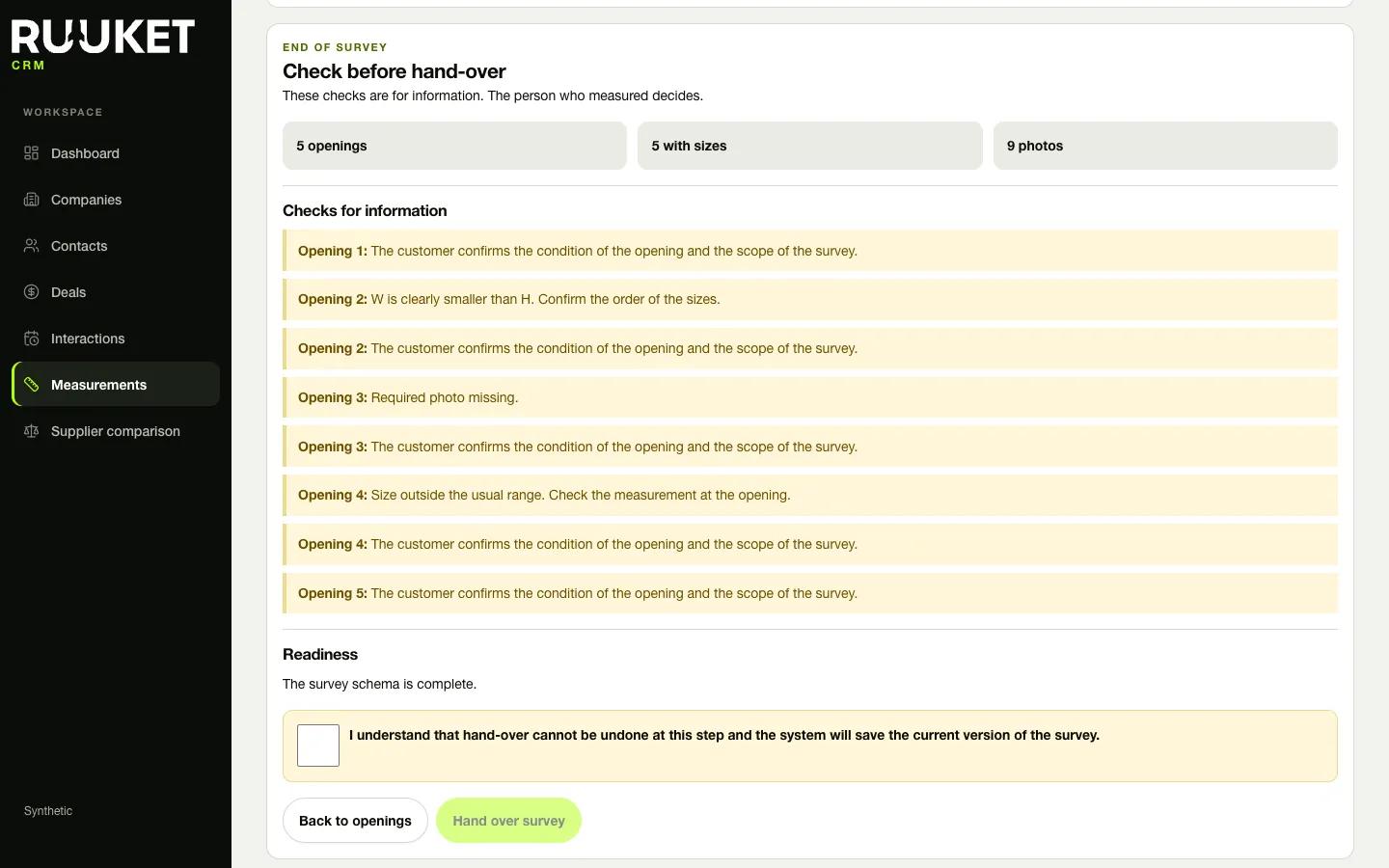 End-of-survey summary in Ruuket with checks on specific openings and a confirmation before hand-over