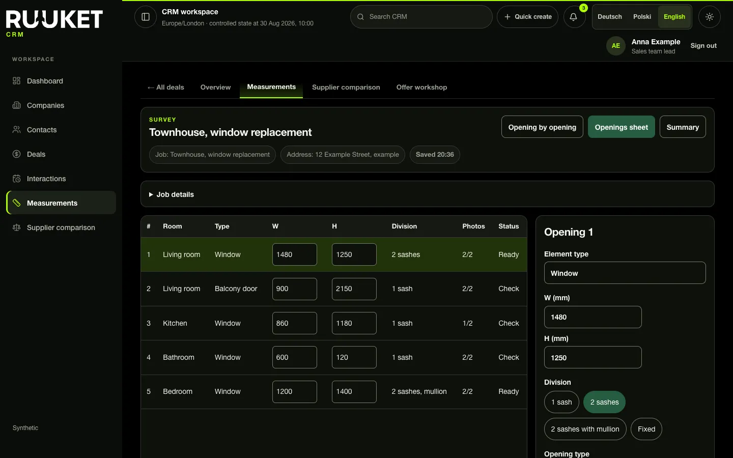 Openings sheet in Ruuket: five example openings with sizes, division, photo count and status