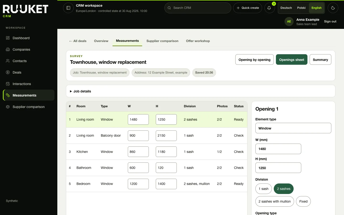 Openings sheet in Ruuket: five example openings with sizes, division, photo count and status